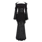 DEVIL FASHION Women's Gothic Floral Embroidered Mesh Splice Lace-up Hooded Dress Red
