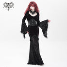 DEVIL FASHION Women's Gothic Floral Embroidered Mesh Splice Lace-up Hooded Dress Red