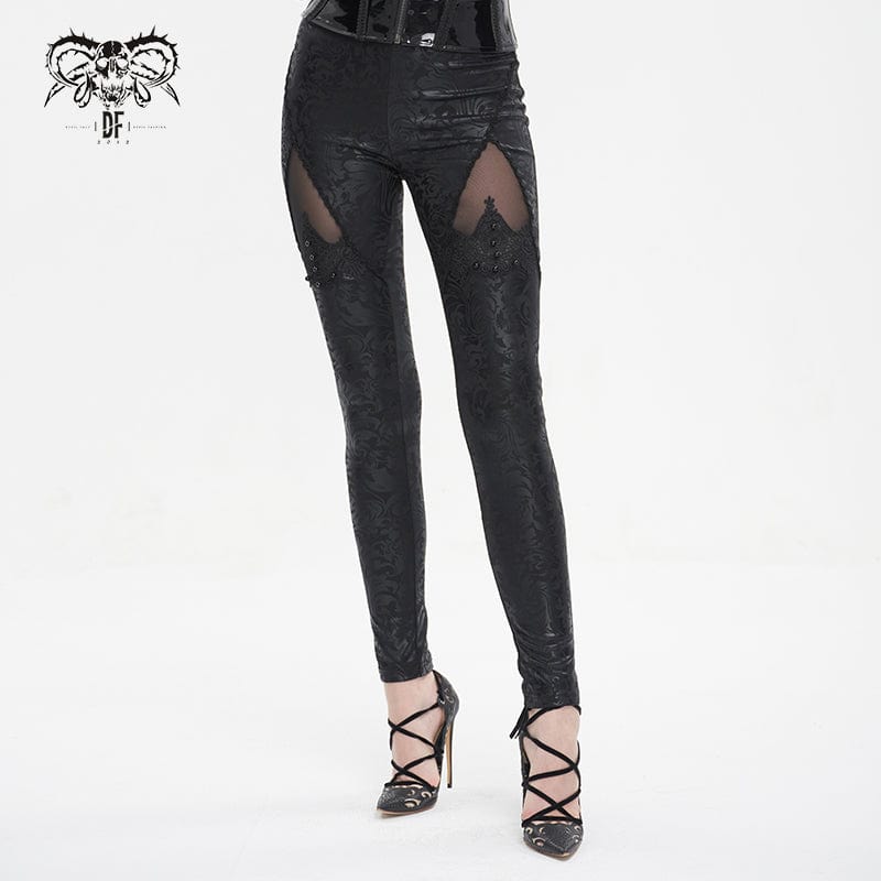 Women's Gothic Floral Embroidered Mesh Splice Leggings – Punk Design