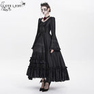 DEVIL FASHION Women's Gothic Floral Embroidered Ruched Lace-up Long Sleeved Dress Black