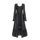 DEVIL FASHION Women's Gothic Floral Embroidered Ruched Lace-up Long Sleeved Dress Black