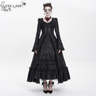 DEVIL FASHION Women's Gothic Floral Embroidered Ruched Lace-up Long Sleeved Dress Black