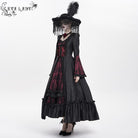 DEVIL FASHION Women's Gothic Floral Embroidered Ruched Lace-up Long Sleeved Dress Red
