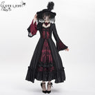 DEVIL FASHION Women's Gothic Floral Embroidered Ruched Lace-up Long Sleeved Dress Red