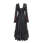 DEVIL FASHION Women's Gothic Floral Embroidered Ruched Lace-up Long Sleeved Dress Red