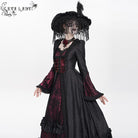 DEVIL FASHION Women's Gothic Floral Embroidered Ruched Lace-up Long Sleeved Dress Red