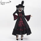 DEVIL FASHION Women's Gothic Floral Embroidered Ruched Lace-up Long Sleeved Dress Red