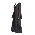 DEVIL FASHION Women's Gothic Floral Embroidered Ruched Lace-up Long Sleeved Dress Red
