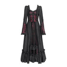 DEVIL FASHION Women's Gothic Floral Embroidered Ruched Lace-up Long Sleeved Dress Red