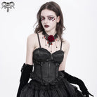 DEVIL FASHION Women's Gothic Floral Embroidered Ruffled Lace-up Tank Top Black