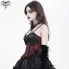 DEVIL FASHION Women's Gothic Floral Embroidered Ruffled Lace-up Tank Top Red