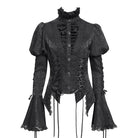 DEVIL FASHION Women's Gothic Floral Jacquard Lace-up Puff Sleeved Shirt Black