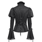 DEVIL FASHION Women's Gothic Floral Jacquard Lace-up Puff Sleeved Shirt Black
