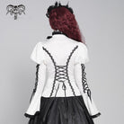 DEVIL FASHION Women's Gothic Floral Jacquard Lace-up Puff Sleeved Shirt White