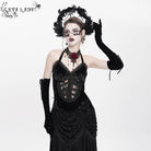 DEVIL FASHION Women's Gothic Floral Ruched Lace-up Maxi Dress Black