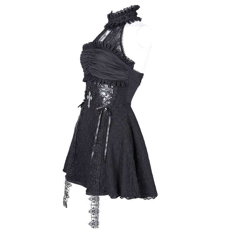 DEVIL FASHION Women's Gothic Halter Cut-out Ruffled Lace Short Dress