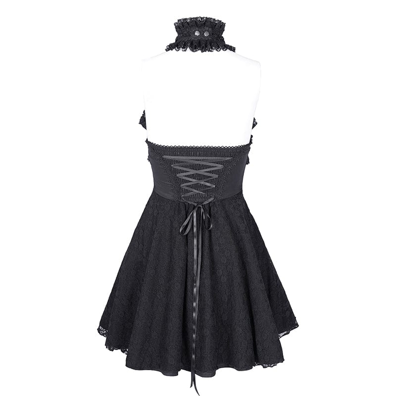 DEVIL FASHION Women's Gothic Halter Cut-out Ruffled Lace Short Dress