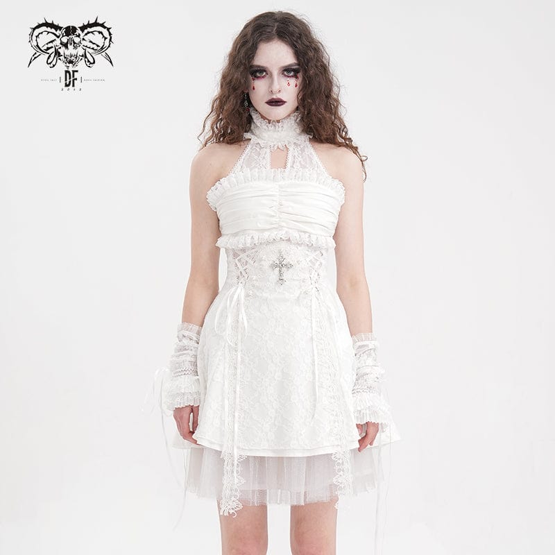 DEVIL FASHION Women's Gothic Halter Cut-out Ruffled Lace Short Dress White