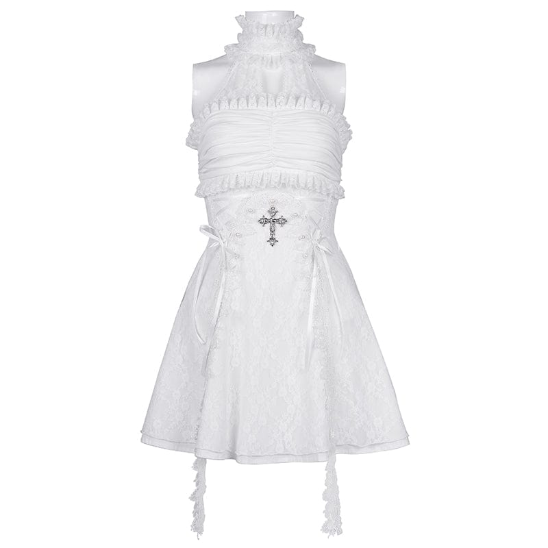 DEVIL FASHION Women's Gothic Halter Cut-out Ruffled Lace Short Dress White