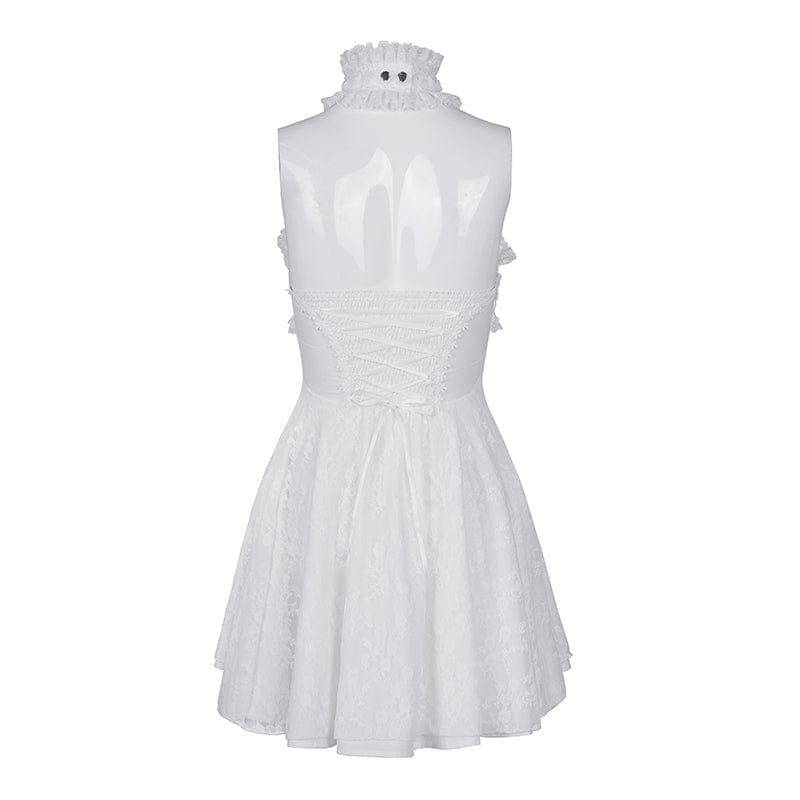 DEVIL FASHION Women's Gothic Halter Cut-out Ruffled Lace Short Dress White