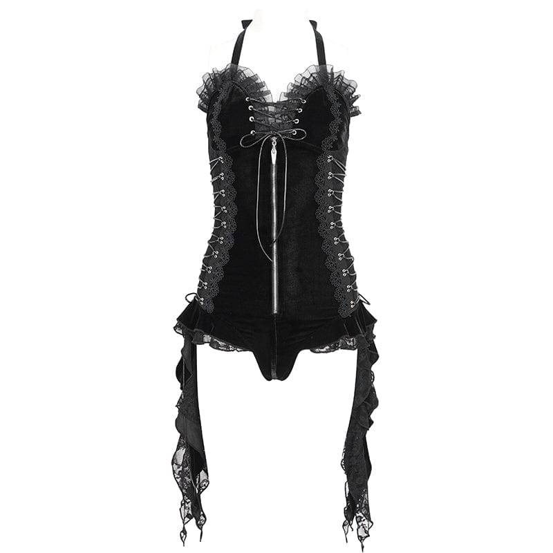 DEVIL FASHION Women's Gothic Halterneck Lace-Up Ruffled Bodysuit
