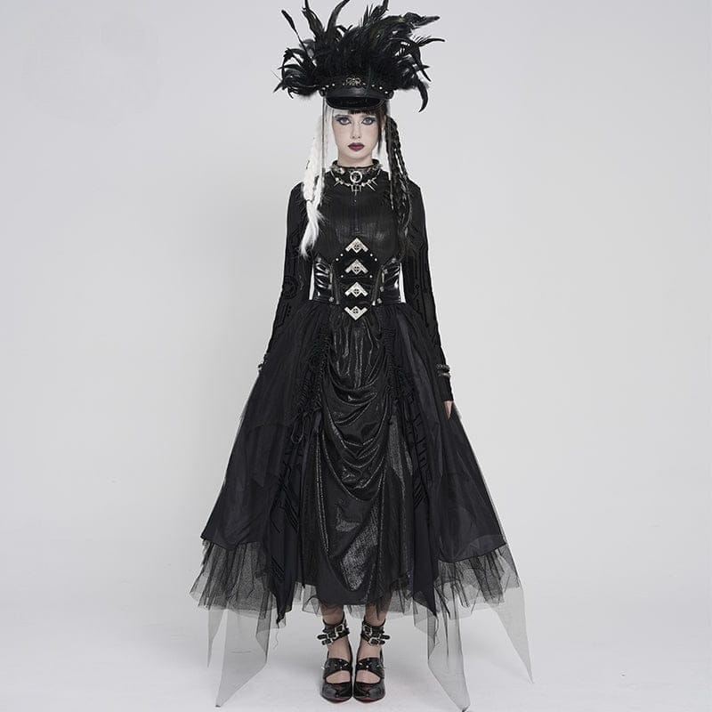 DEVIL FASHION Women's Gothic Irregular Mesh Printed Lace-up Long Skirt