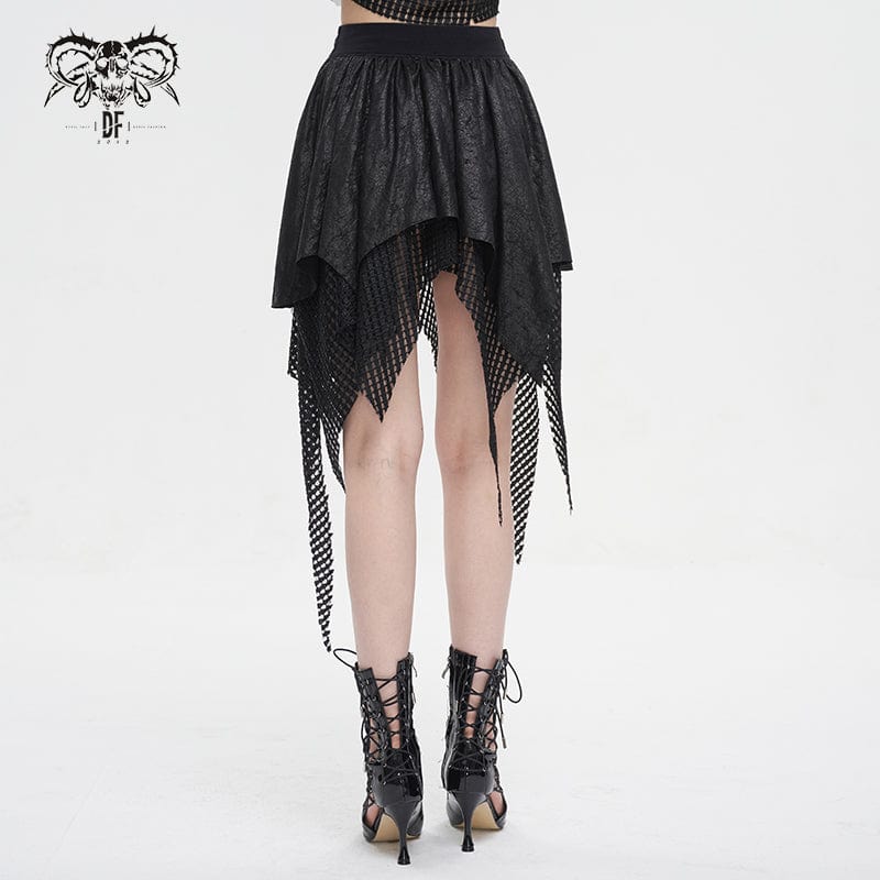 DEVIL FASHION Women's Gothic Irregular Mesh Splice Buckle Skirt Black