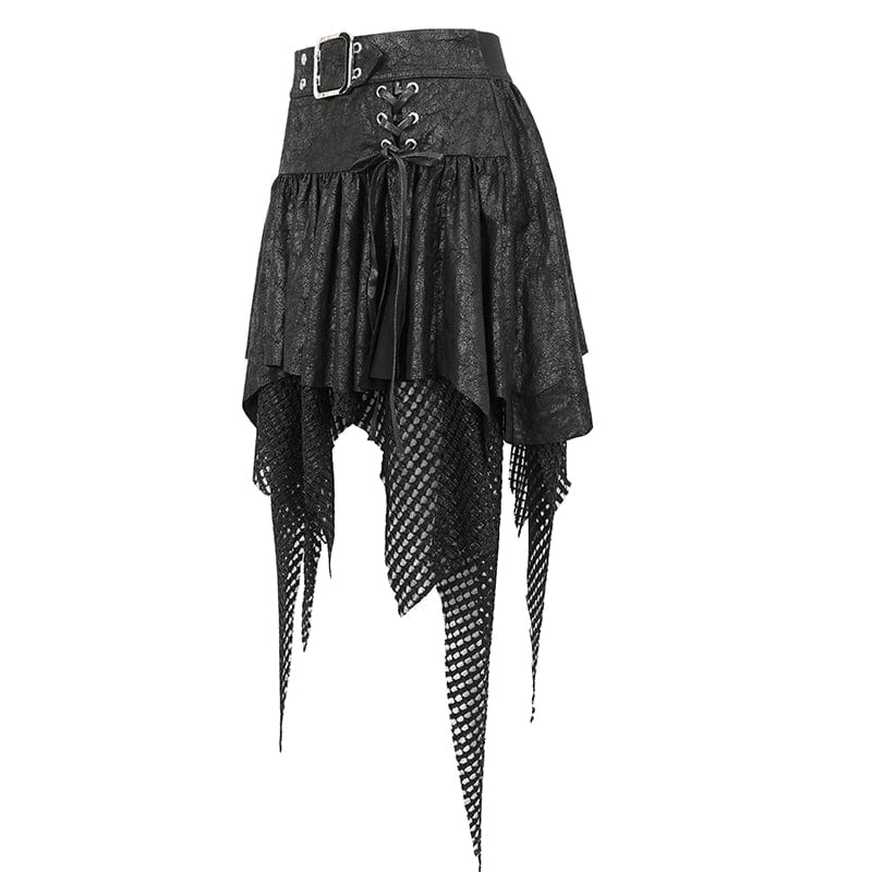 DEVIL FASHION Women's Gothic Irregular Mesh Splice Buckle Skirt Black