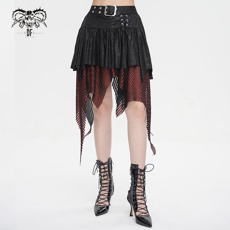 DEVIL FASHION Women's Gothic Irregular Mesh Splice Buckle Skirt Red