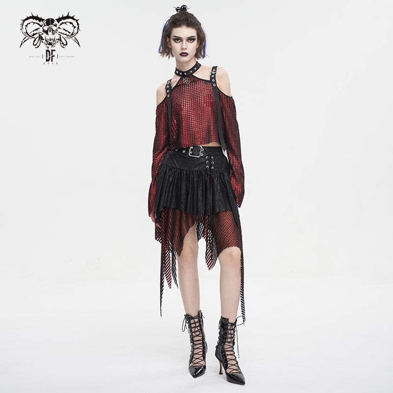 DEVIL FASHION Women's Gothic Irregular Mesh Splice Buckle Skirt Red