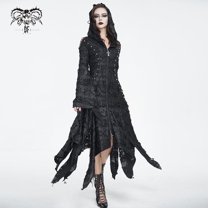 DEVIL FASHION Women's Gothic Irregular Ripped Long Sleeved Hem Dress with Hood