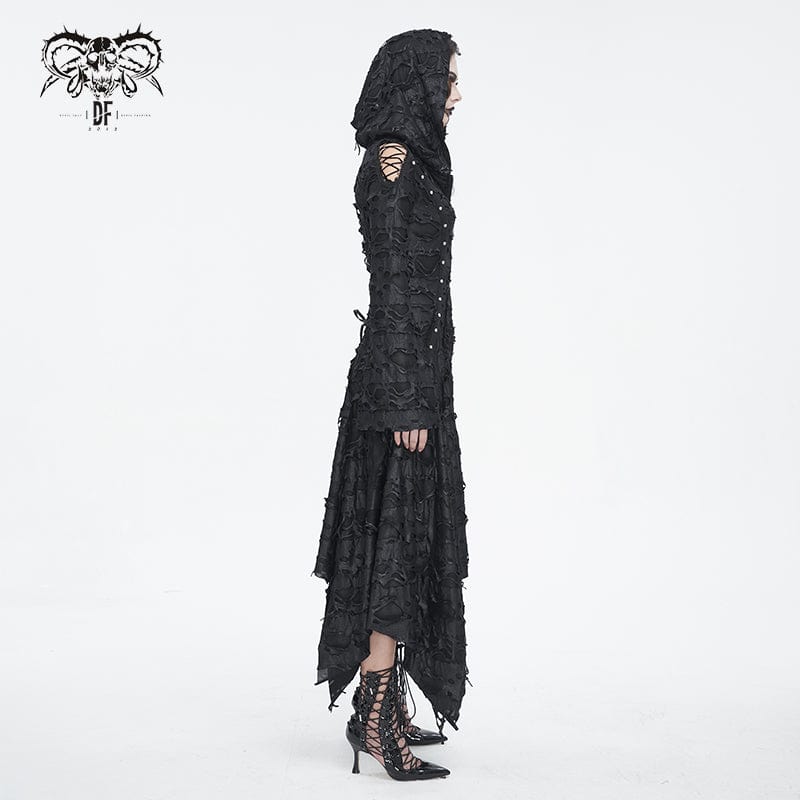 DEVIL FASHION Women's Gothic Irregular Ripped Long Sleeved Hem Dress with Hood