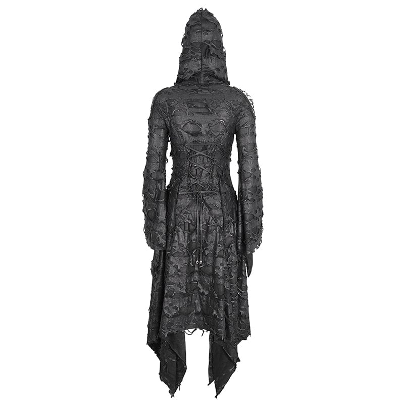DEVIL FASHION Women's Gothic Irregular Ripped Long Sleeved Hem Dress with Hood