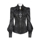 DEVIL FASHION Women's Gothic Jacquard Batwing Shoulder Flap Shirt with Necktie Black