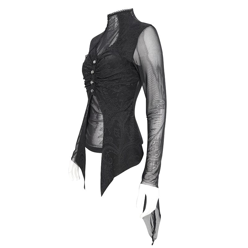 DEVIL FASHION Women's Gothic Jacquard Mesh Ruffled Long Sleeved Shirt