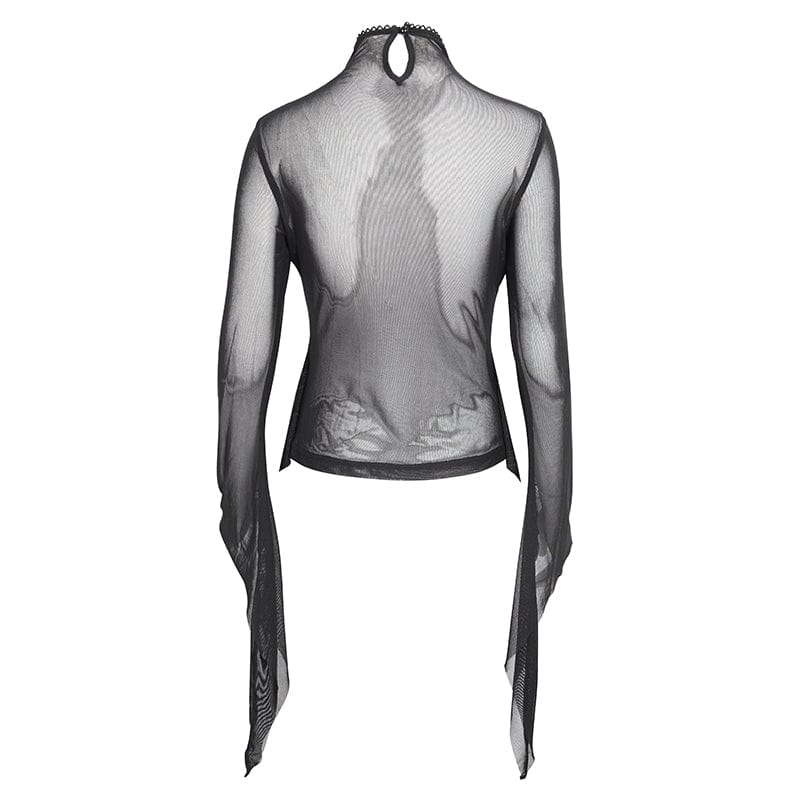 DEVIL FASHION Women's Gothic Jacquard Mesh Ruffled Long Sleeved Shirt