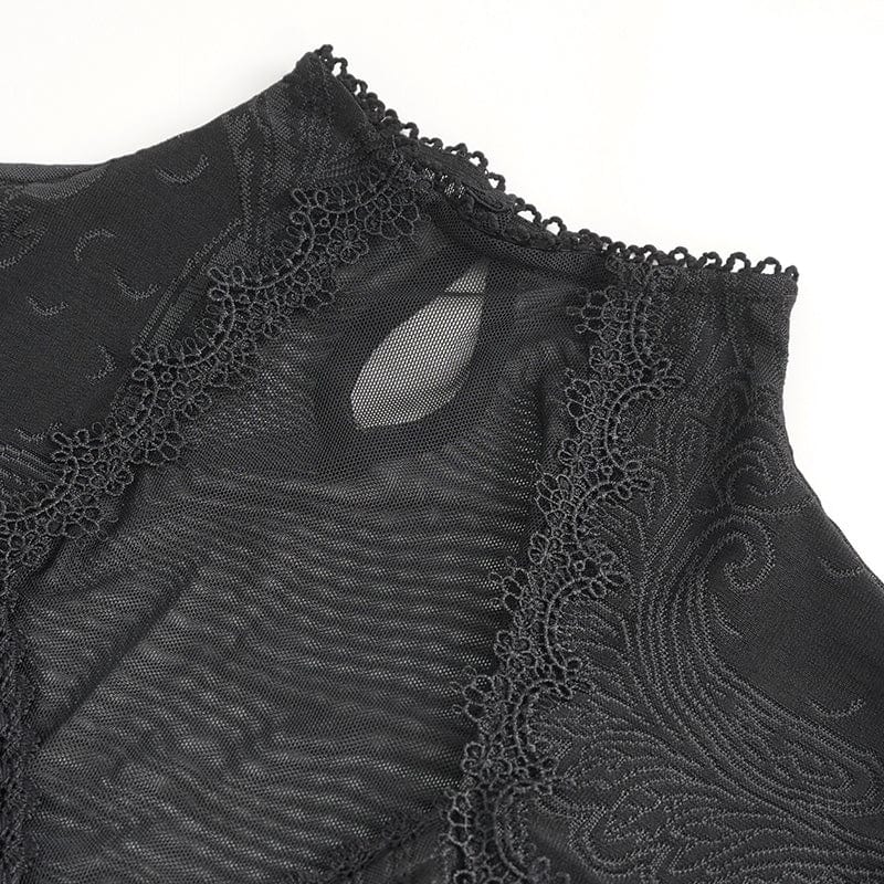 DEVIL FASHION Women's Gothic Jacquard Mesh Ruffled Long Sleeved Shirt