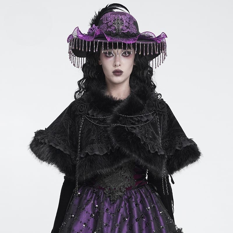 DEVIL FASHION Women's Gothic Jacquard Rose Beaded Cape