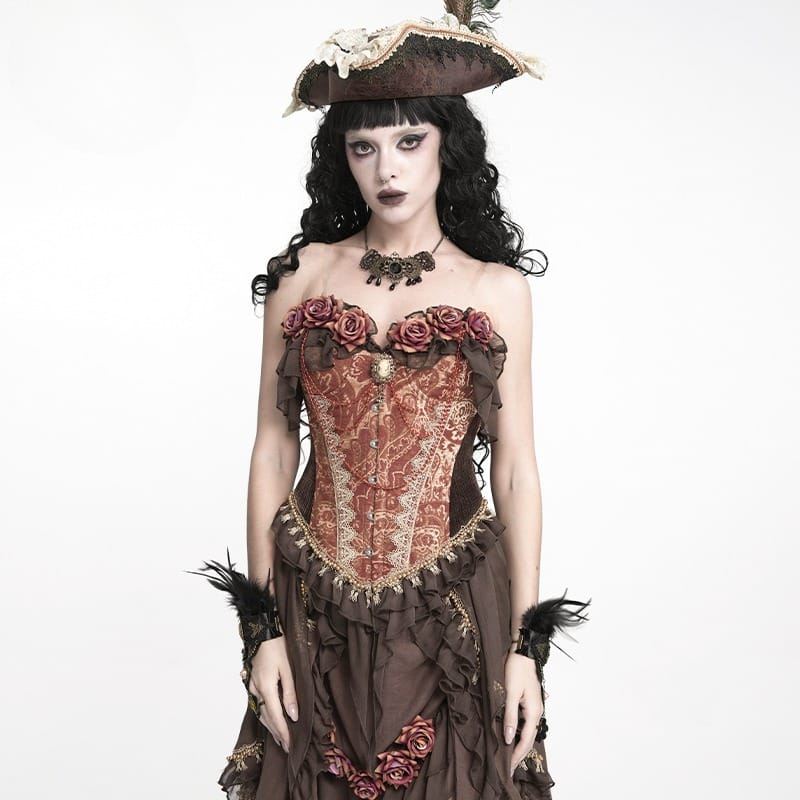 DEVIL FASHION Women's Gothic Jacquard Rose Overbust Corset with Asymmetrical Draped Sheer Chiffon Tails