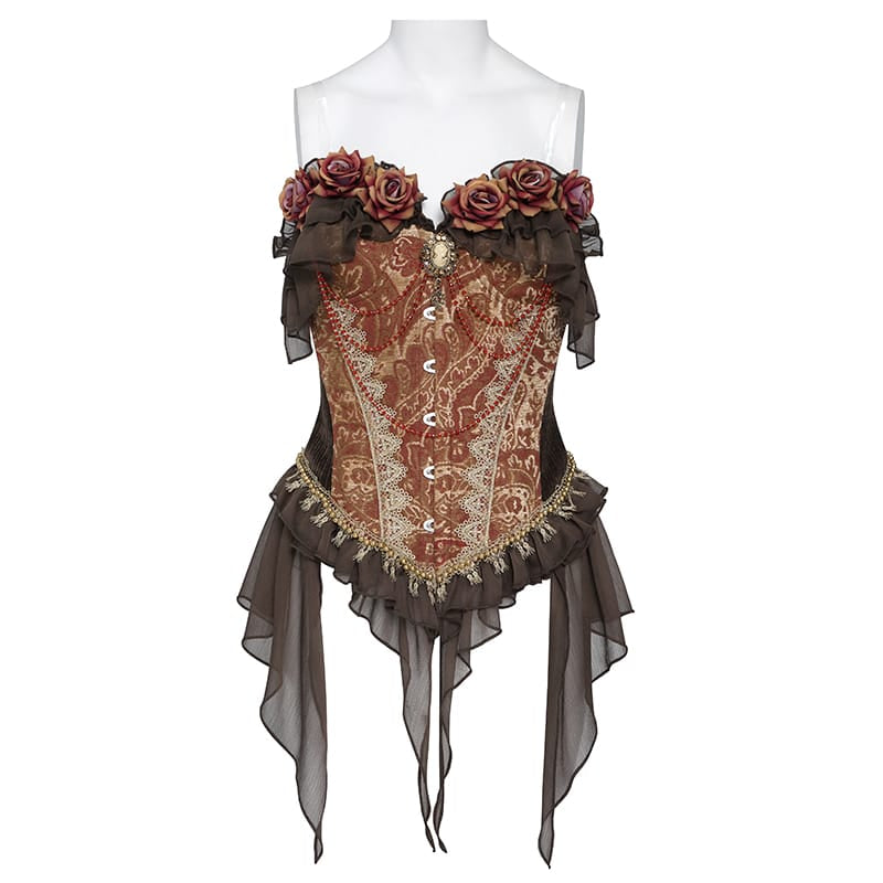 DEVIL FASHION Women's Gothic Jacquard Rose Overbust Corset with Asymmetrical Draped Sheer Chiffon Tails