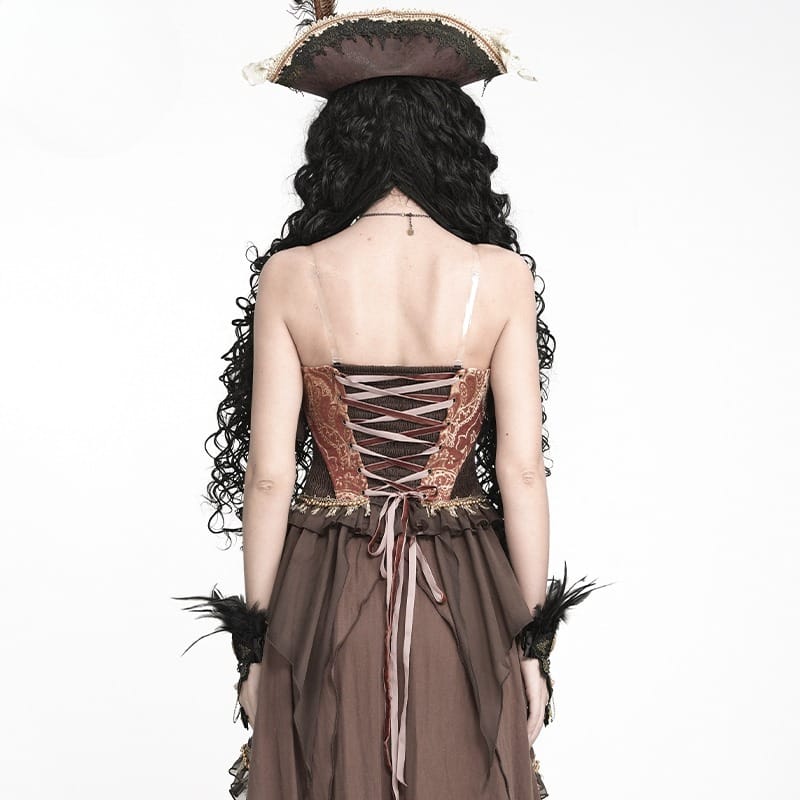 DEVIL FASHION Women's Gothic Jacquard Rose Overbust Corset with Asymmetrical Draped Sheer Chiffon Tails
