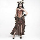 DEVIL FASHION Women's Gothic Jacquard Rose Overbust Corset with Asymmetrical Draped Sheer Chiffon Tails