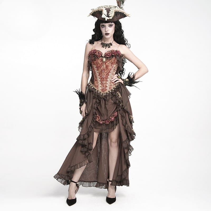 DEVIL FASHION Women's Gothic Jacquard Rose Overbust Corset with Asymmetrical Draped Sheer Chiffon Tails