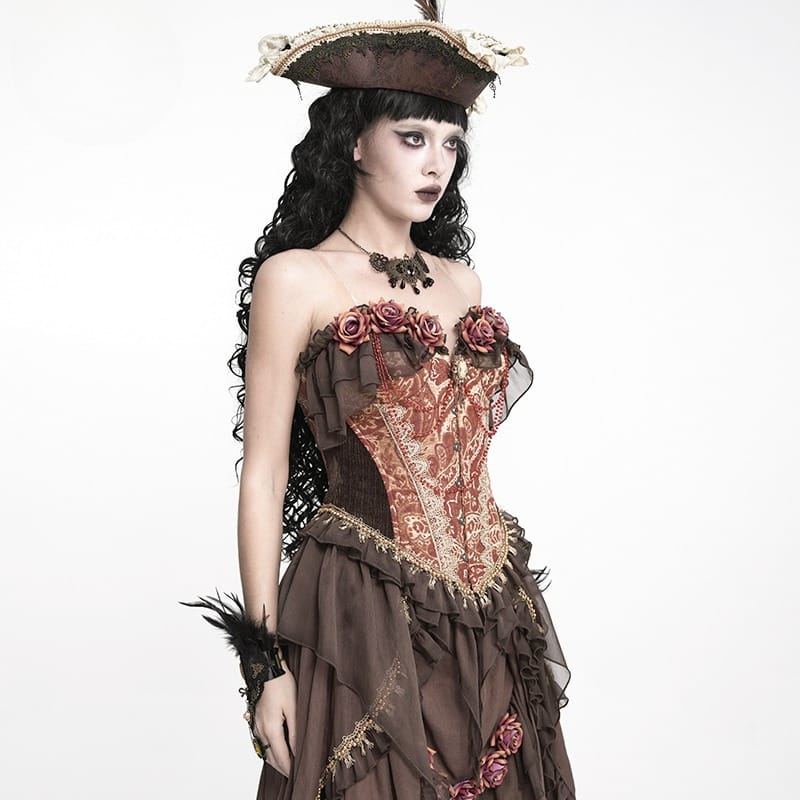 DEVIL FASHION Women's Gothic Jacquard Rose Overbust Corset with Asymmetrical Draped Sheer Chiffon Tails