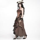 DEVIL FASHION Women's Gothic Jacquard Rose Overbust Corset with Asymmetrical Draped Sheer Chiffon Tails