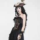 DEVIL FASHION Women's Gothic Jacquard Rose Overbust Corset with Asymmetrical Flowy Chiffon Hems