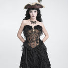 DEVIL FASHION Women's Gothic Jacquard Rose Overbust Corset with Asymmetrical Flowy Chiffon Hems