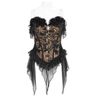 DEVIL FASHION Women's Gothic Jacquard Rose Overbust Corset with Asymmetrical Flowy Chiffon Hems