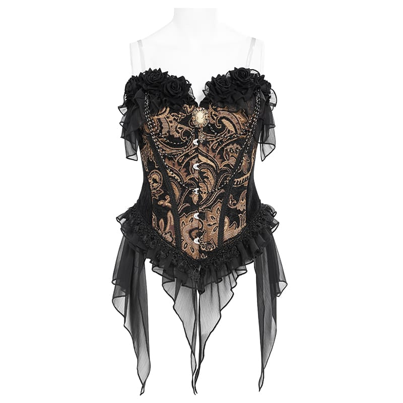 DEVIL FASHION Women's Gothic Jacquard Rose Overbust Corset with Asymmetrical Flowy Chiffon Hems