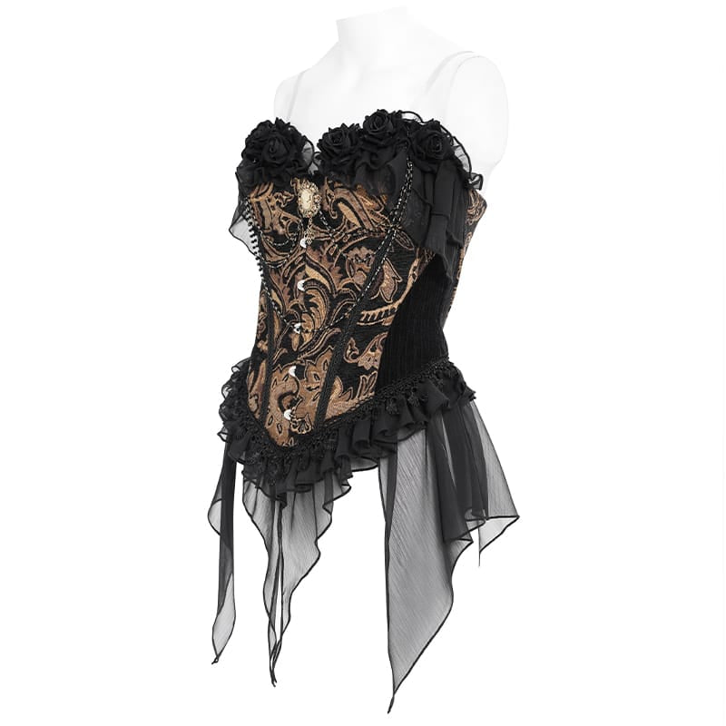 DEVIL FASHION Women's Gothic Jacquard Rose Overbust Corset with Asymmetrical Flowy Chiffon Hems